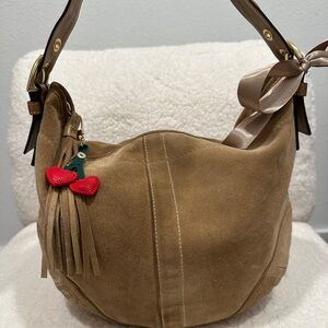 *** SOLD **** Coach Tan Suede Hobo Bag with Red Cherry Charm